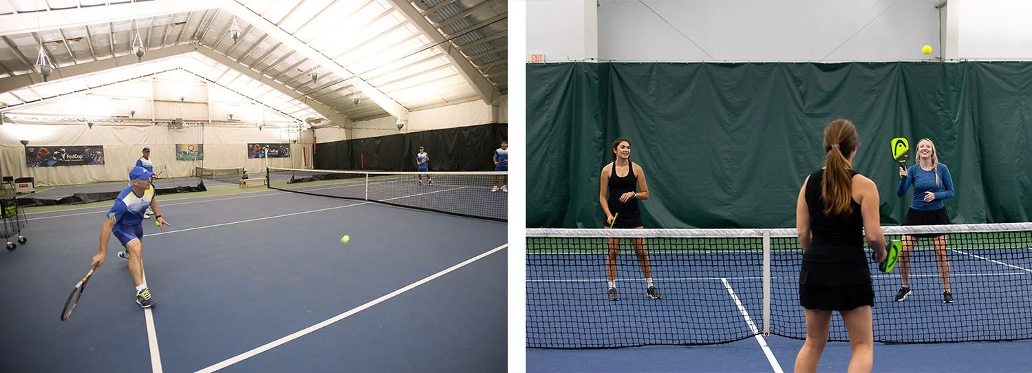 A group of participants take tennis lessons at Topnotch's Tennis Academy.