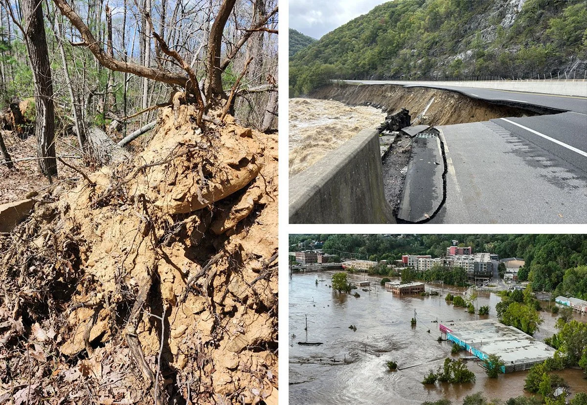 Flooding, uprooted trees and a destroyed road in Asheville, North Carolina after Hurricane Helene.