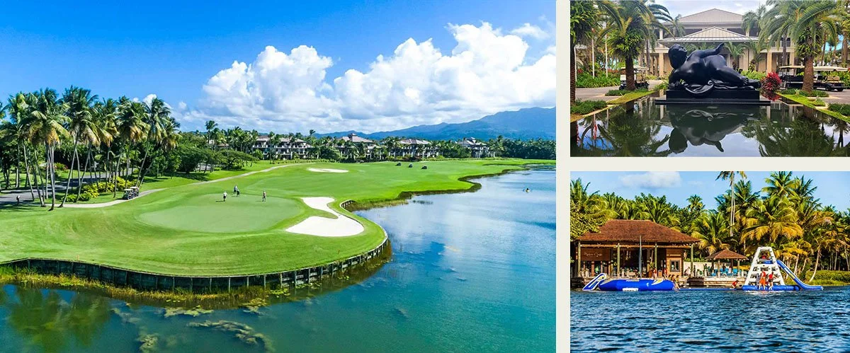 Sculptures, waterslides and golf courses along the water of The Regis Bahia Beach.