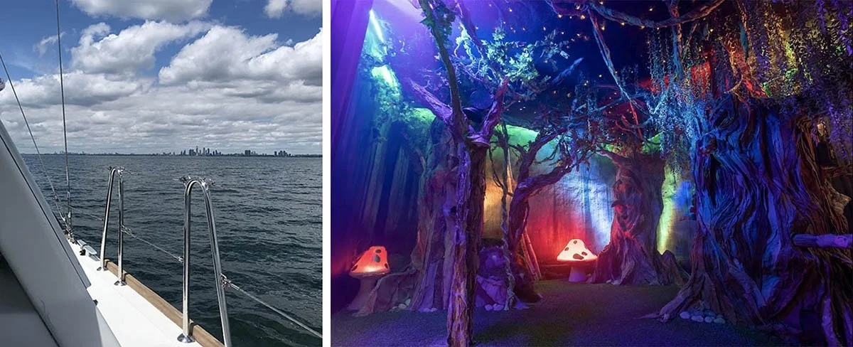 Bright colours surrounded by indoor trees at The Dream Portal escape room.