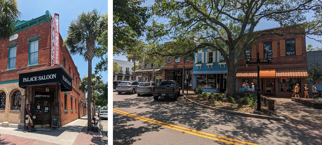 The streets outside the Palace Saloon and the shops along Center Street in Amelia Island.