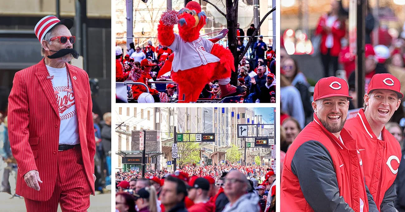 Fans of the Cincinnati Reds dress in all red and crowd the streets.