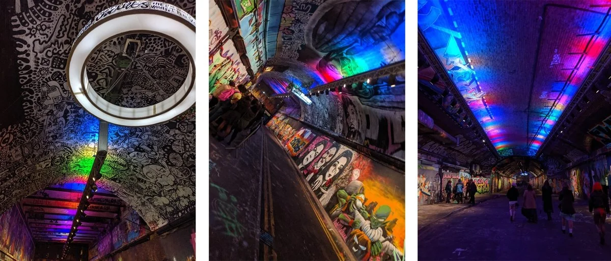 A maze of graffiti and bright lights under Waterloo Station at the Vaults.