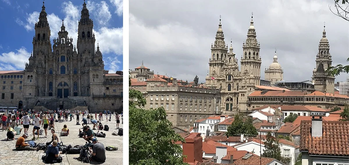 Santiago's famous cathedral towers into the sky.
