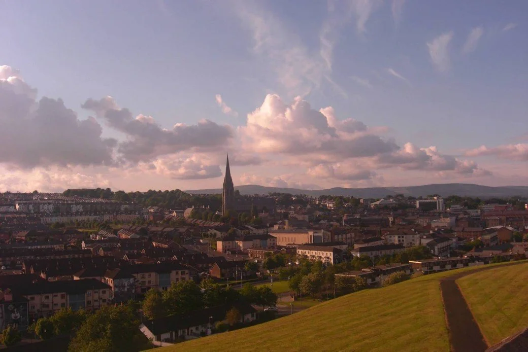 A light pink sunset over Londonderry in Northern ireland.