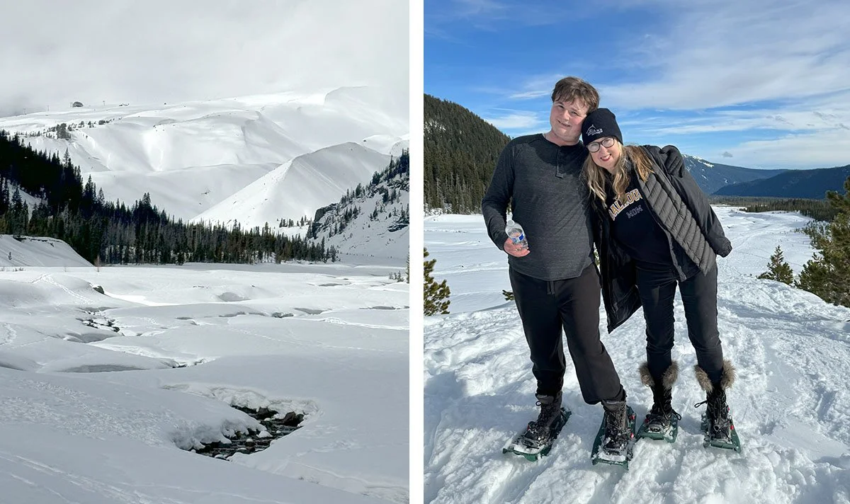 The snowy view of Mt. Hood while snowshoeing in the winter.