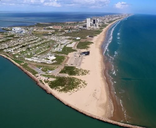 An aeriel view of the coastline of South padre Island.