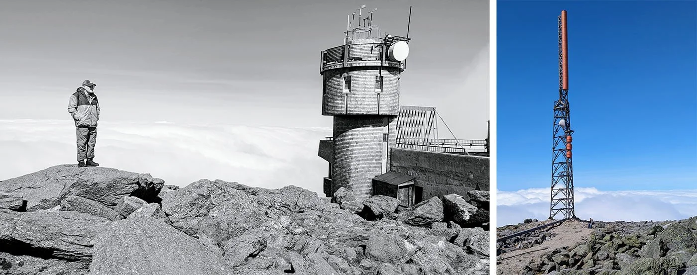 The summit of Mt. Washington surrounded by clouds.