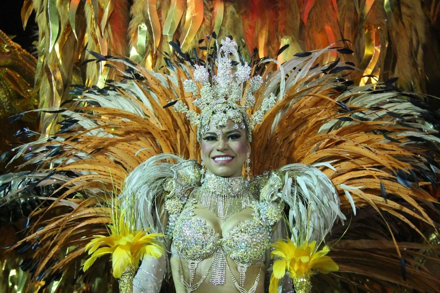 A woman is adorned in jewelry and feathers for Carnival in Brazil.