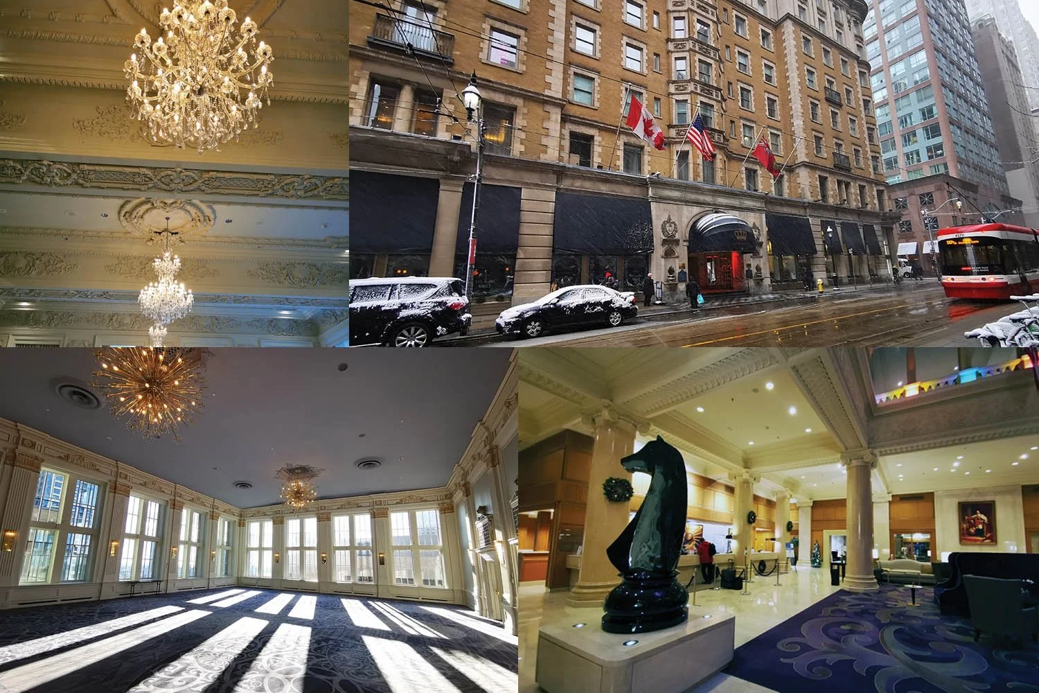 Big windows, fancy sculptures and chandaliers from the Omni King Edward Hotel in Toronto.
