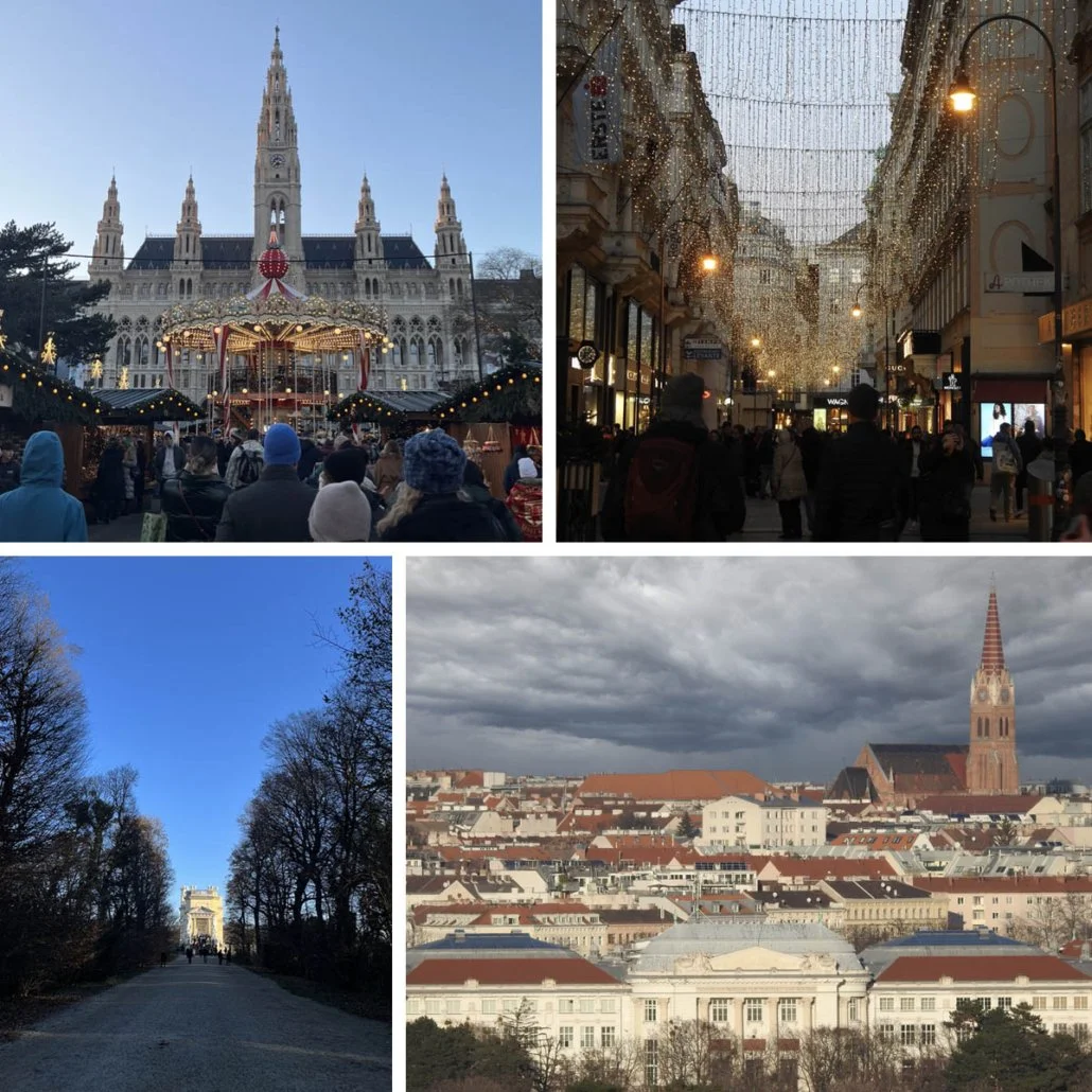 Snippets of the christmas lights and streets of vienna during the holidays.