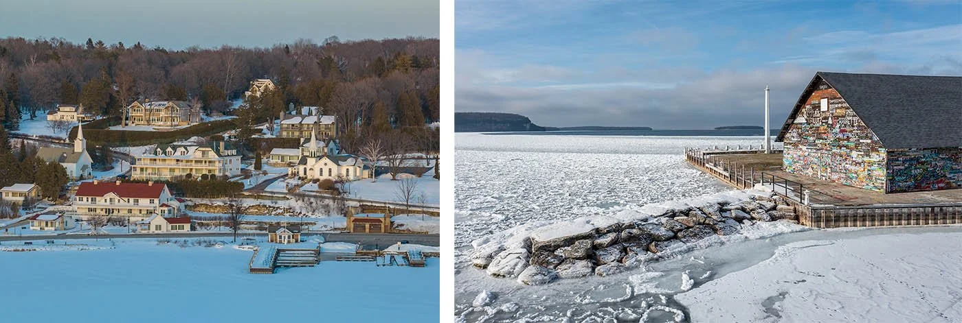 The picturesque town of Ephraim, Wisconsin with its all white buildings and bay views.