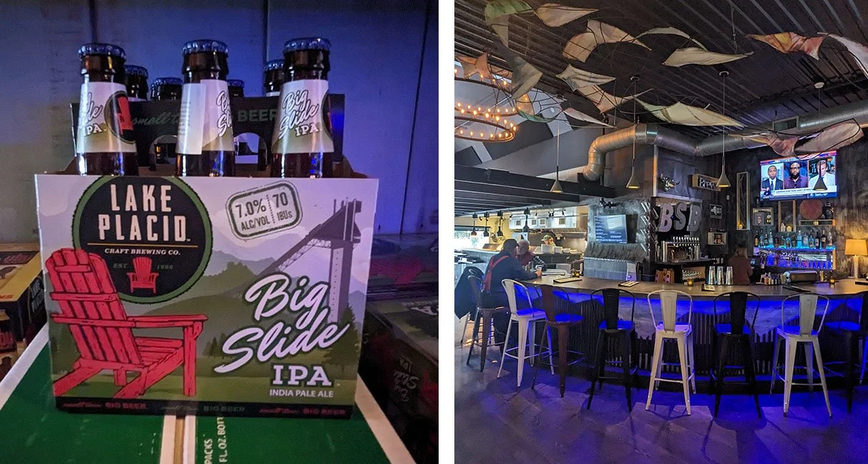 Lake Placid Big Slide IPAs and the interior of a bar.