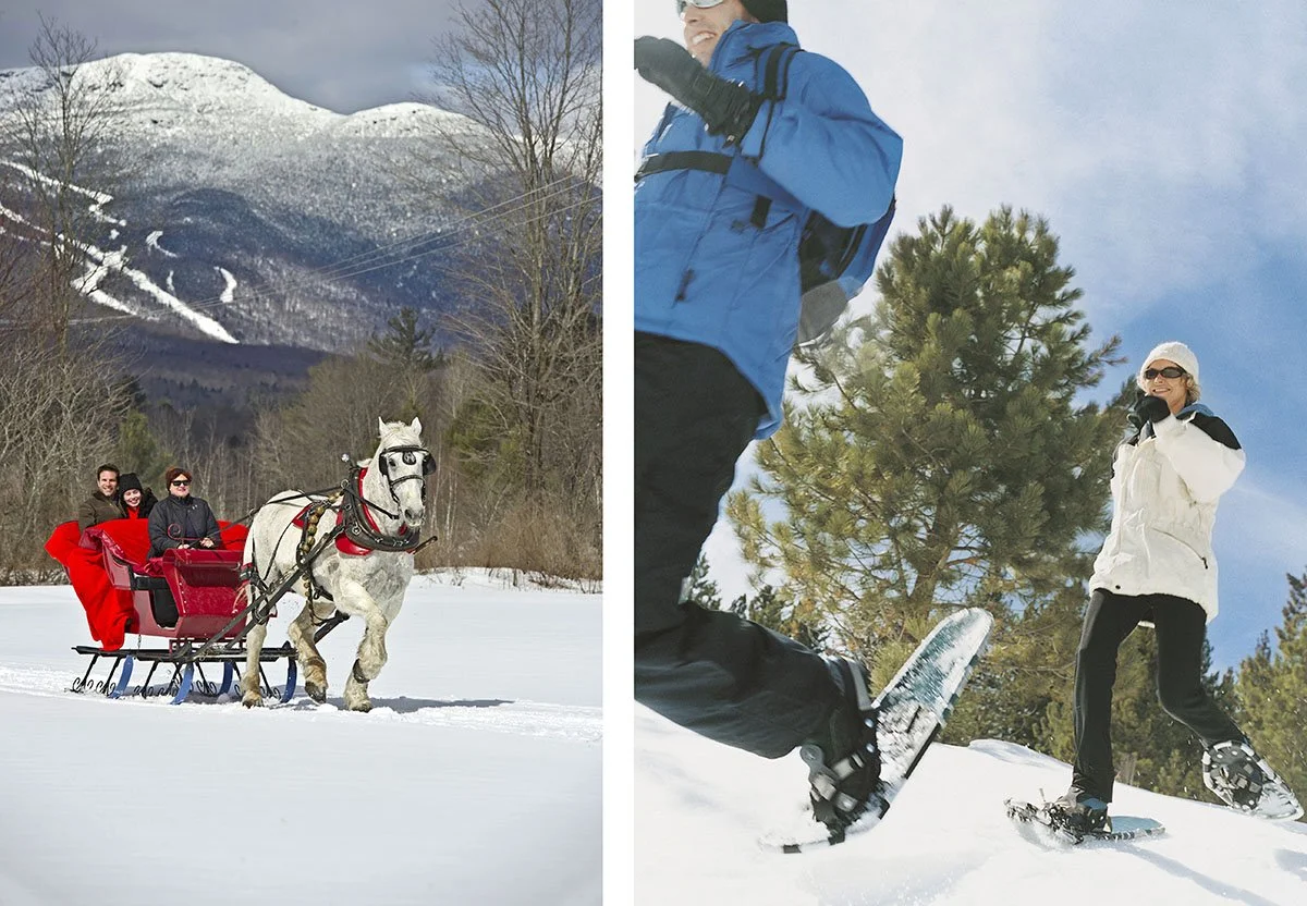 A couple explores the snow by being pulled by a horse while another snowshoes in Stowe, Vermont.