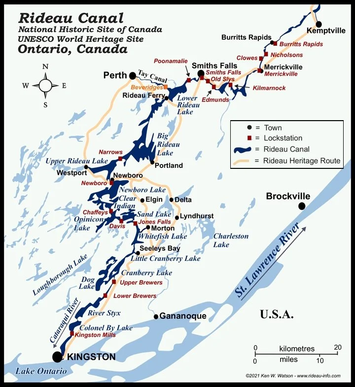 A white map of the Rideau canal.