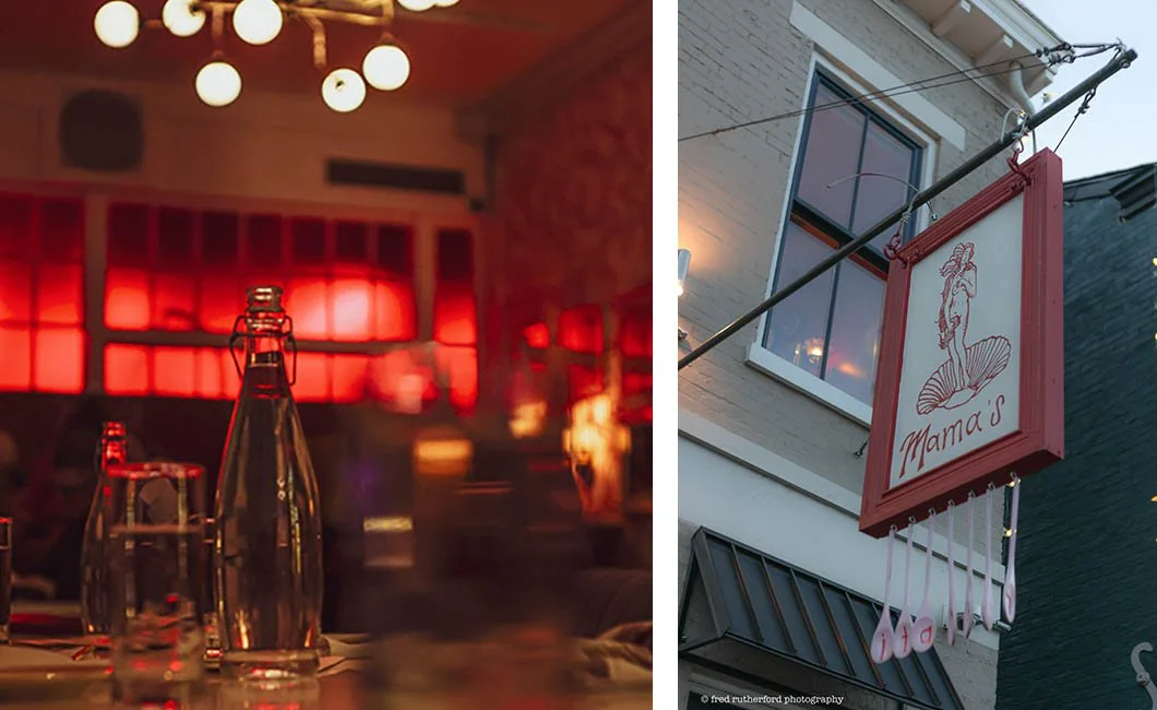 A glass water jug stands tall in a red background fro Mama's on Main in Cincinnati.
