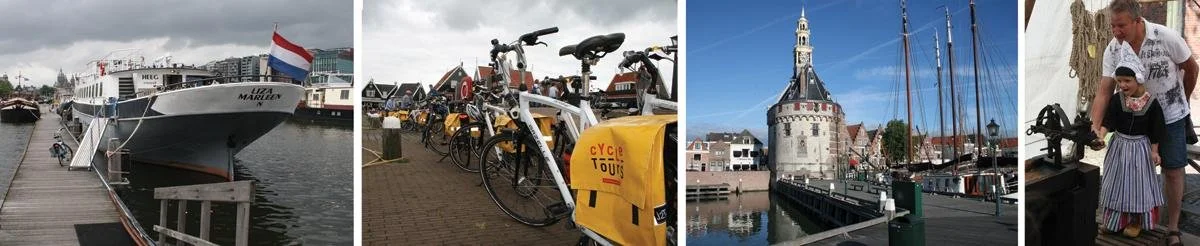 A collage of bikes, boats and waterways in Vollendam.