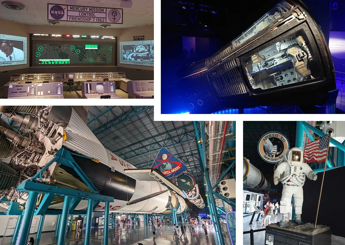 Rockets and other space exhibits inside the Apollo Centre.