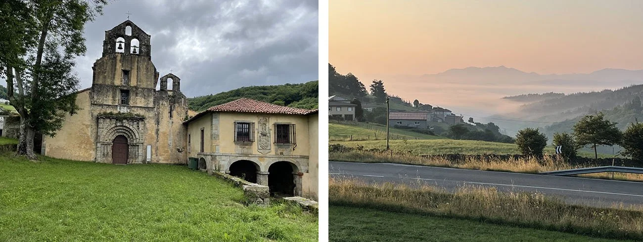 An ancient monastery next to a photo of clouds enshrouded with an early morning sunrise in Tineo.