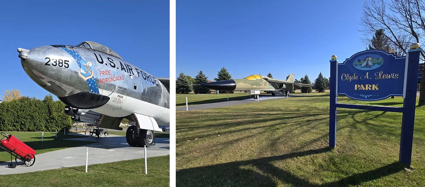 The historic B-47, known as the Pride of the Adirondacks, along with the FB-111, glistens in the sunlight at Clyde A. Lewis Park.