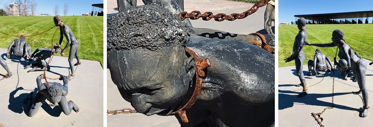 a graphic multi-figure sculpture representing a slave auction.