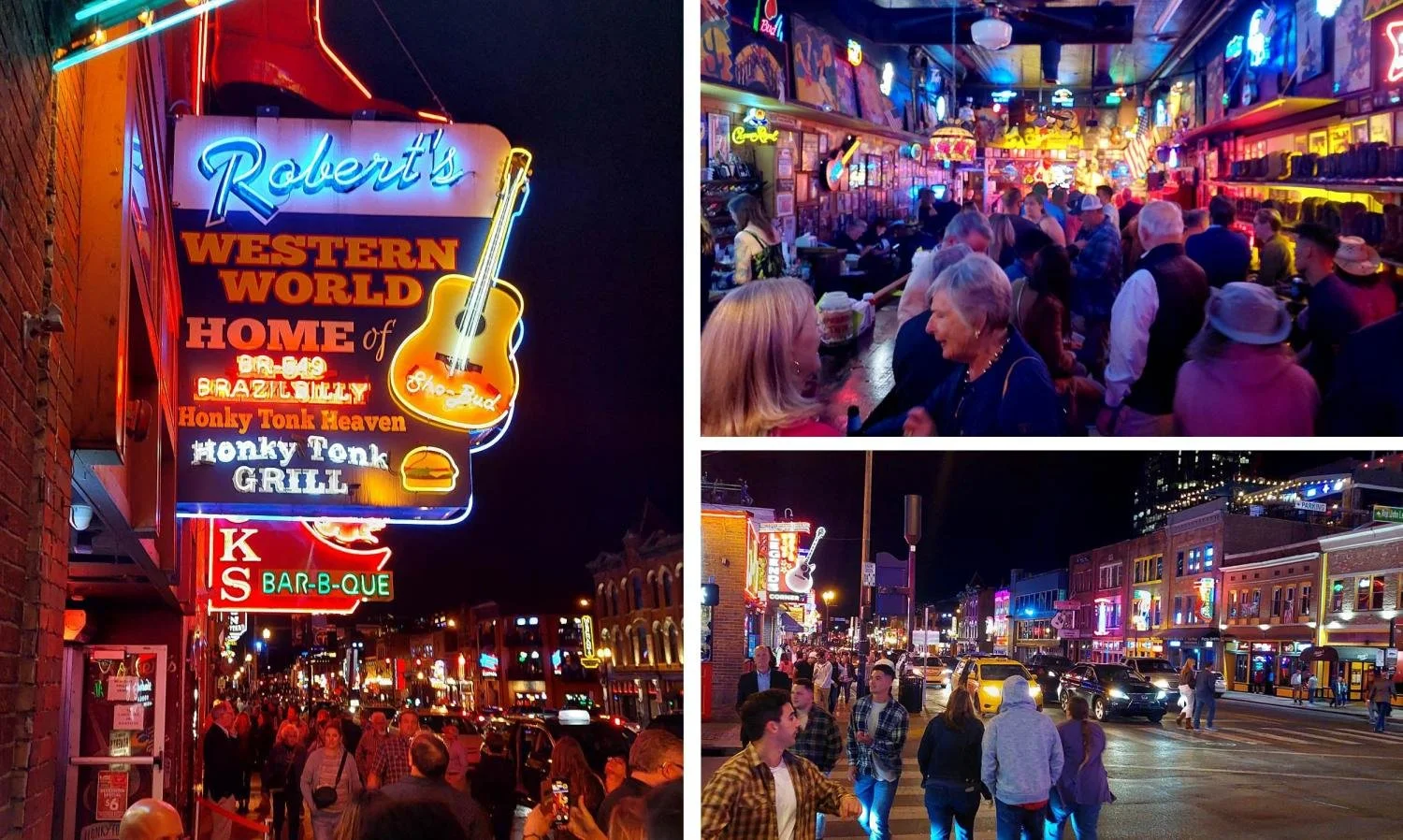Bright neon lights on Honky Tonk Row in Nashville.