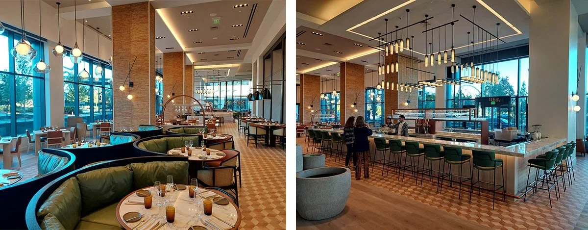 Lamps dangle from the ceiling above a checkered floor of the Four Seasons Hotel in Nashville.