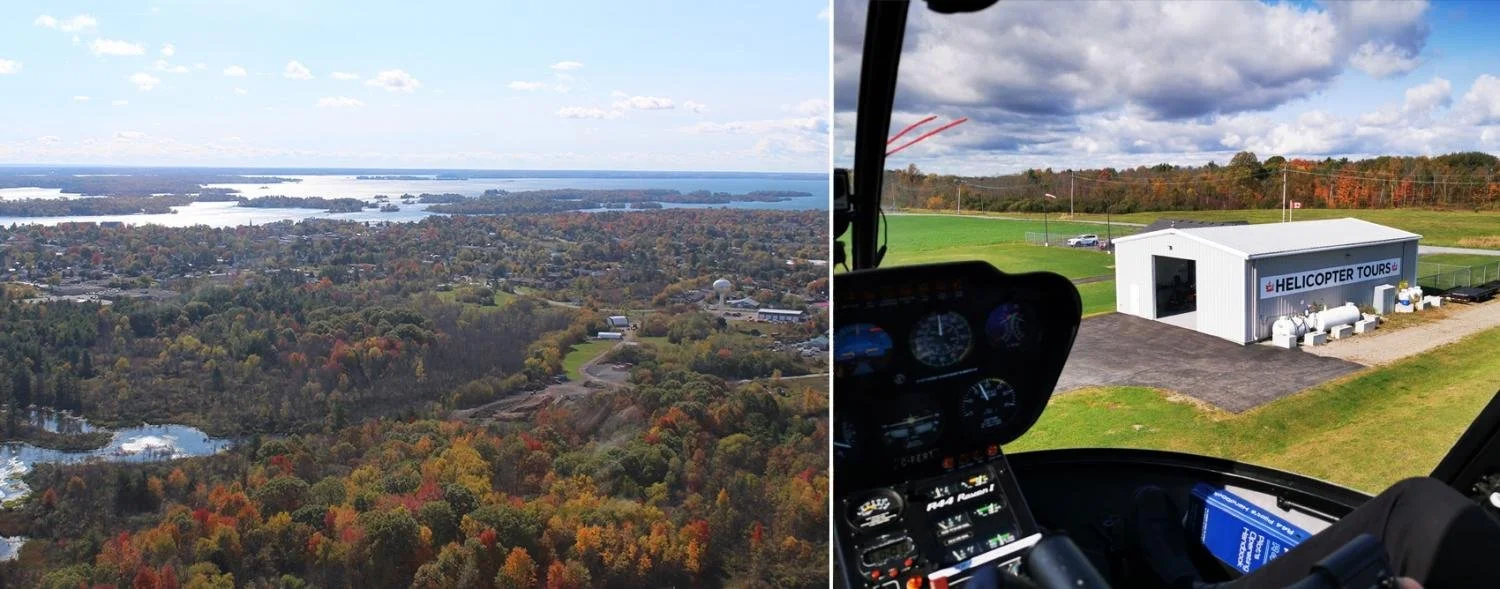 An aeriel view of Gananoque from a Fly 1000 Island Helicopter Tour.