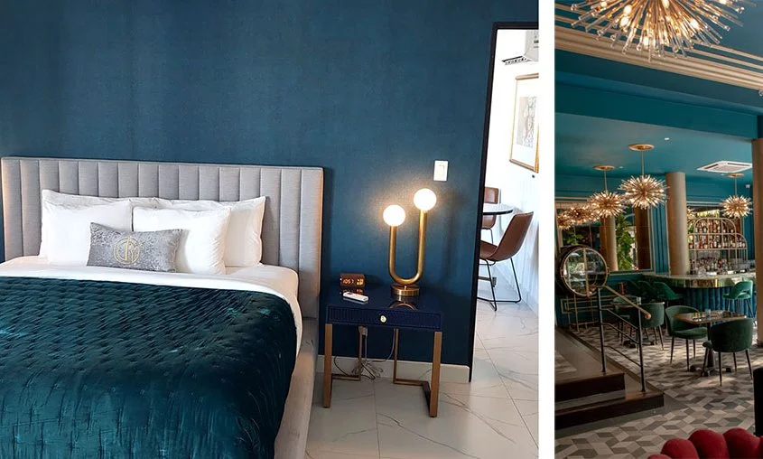 Blue walls and bedding at Don Rafa Boutique Hotel and Residences.