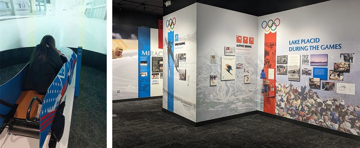 A white exhibit with Olympic rings at the Olympic Museum in Lake Placid, New York.