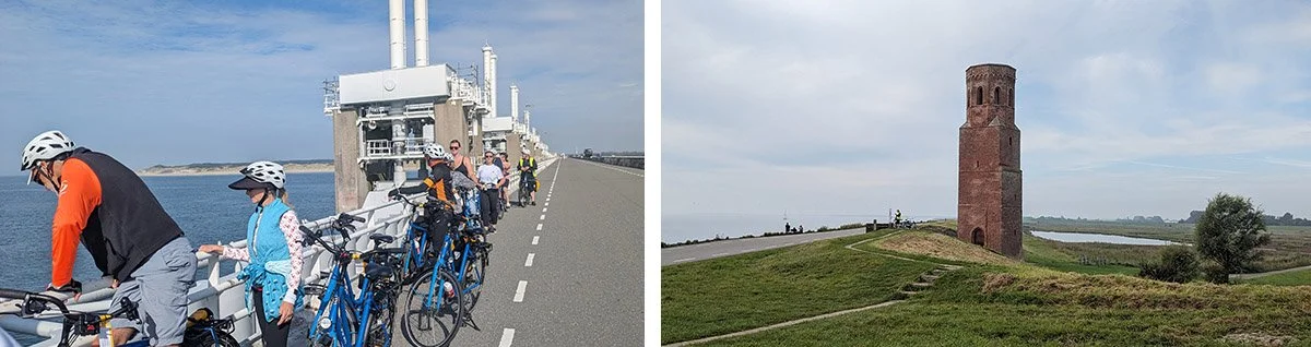 A group of cyclists explore Kinderdijk.