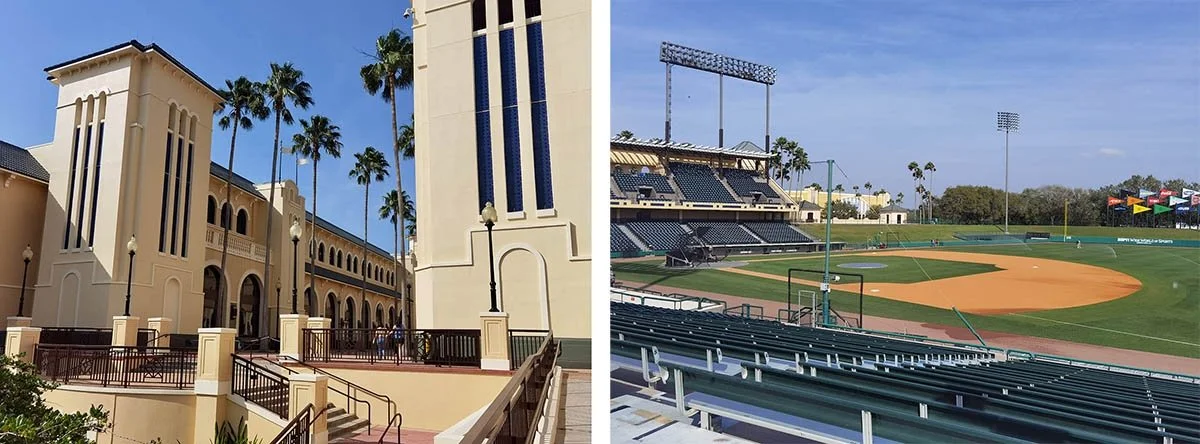 The tall light buildings and palm trees of the ESPN Center and its field.