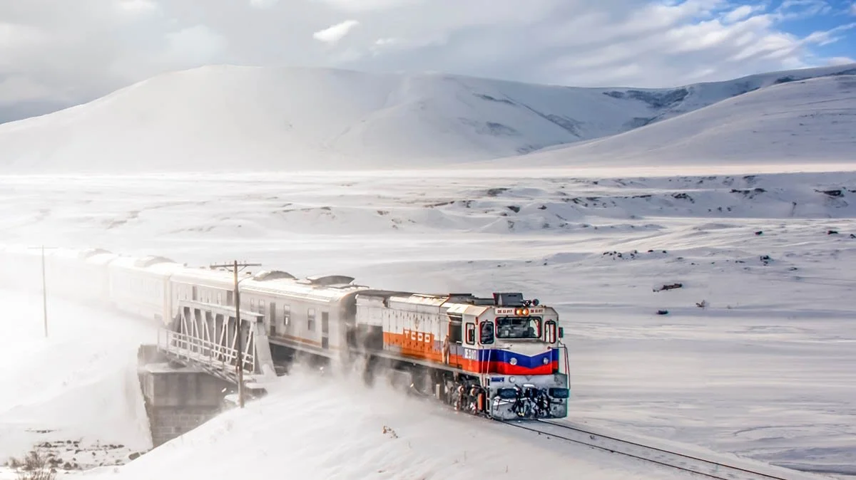 A train whisks through a snowy mountain range.