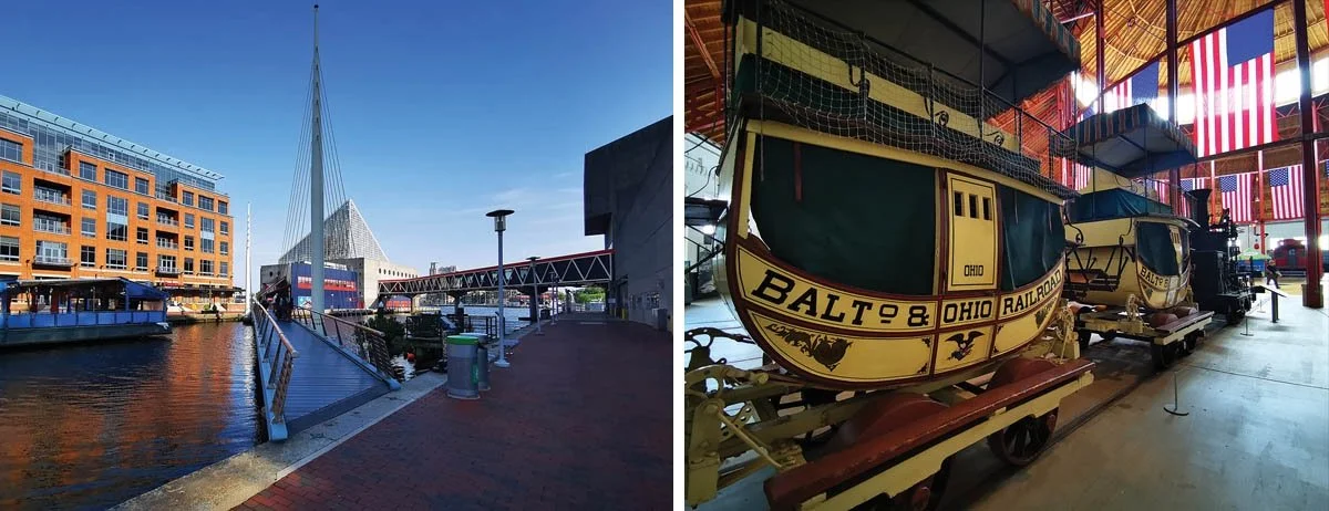 A bright orange building lines the streets of Baltimore's inner harbor.