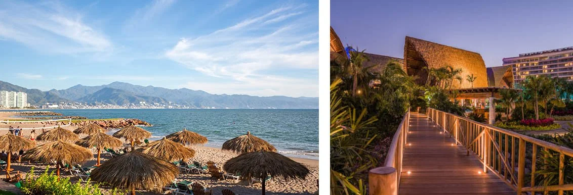 Palm coverings from Vidanta Hotel cover the sand across from mountains and a deep blue sea.