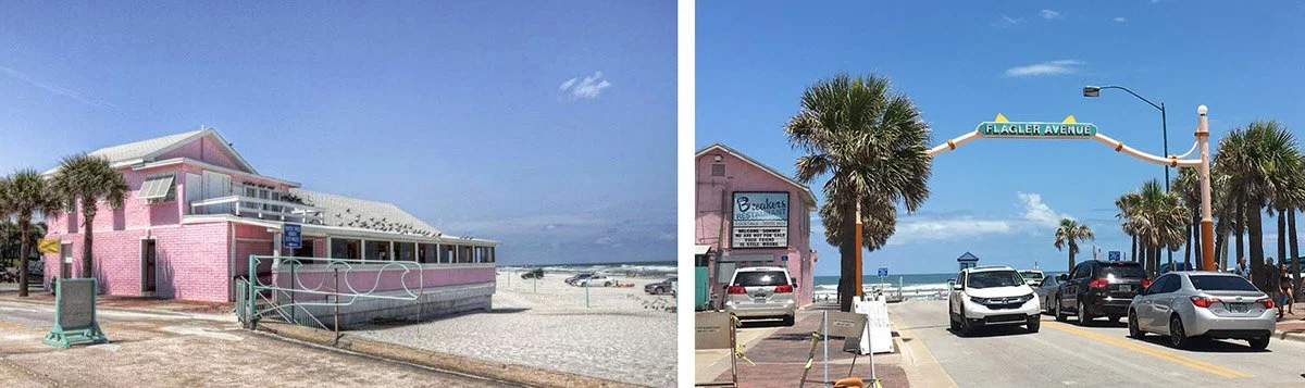 The pink The Breakers Restaurant on Flagler Avenue at New Smyrna Beach.