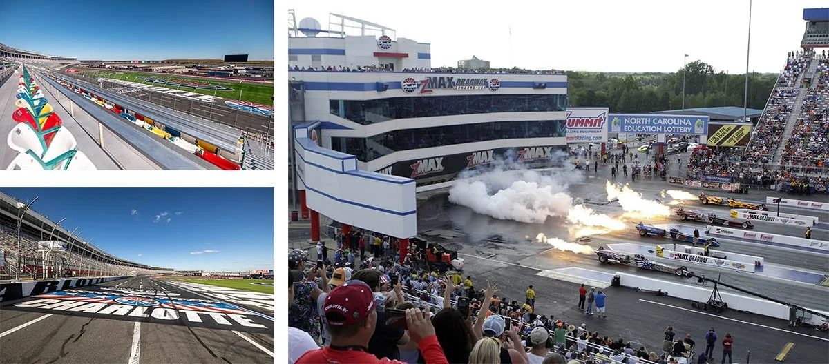 Fire comes out of race cars along at Hendrick Motorsports campus.