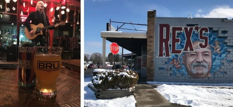 A yellow beer on the table at Bru 64, next to a large mural outside of Rex's Pasta.
