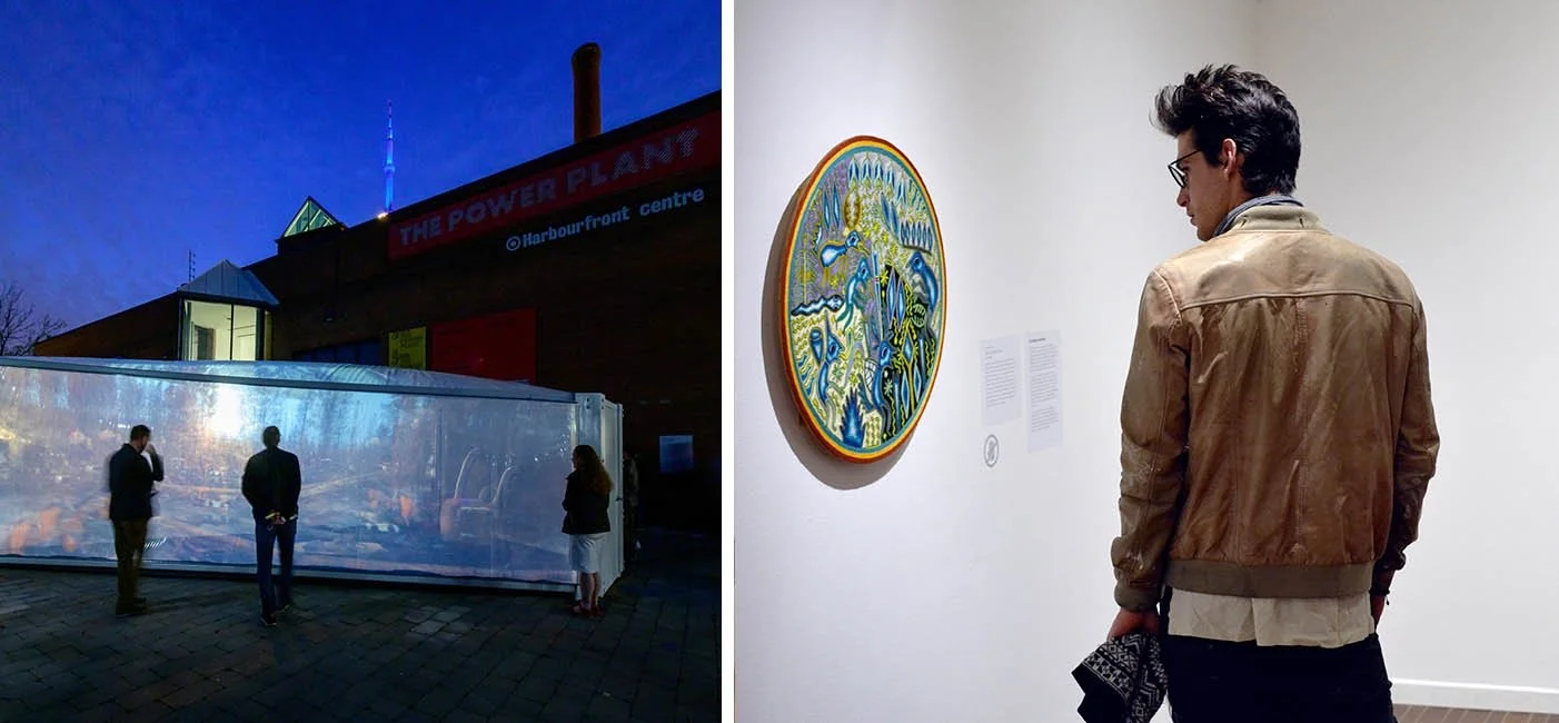 A man stands glancing at a circular threaded picture.