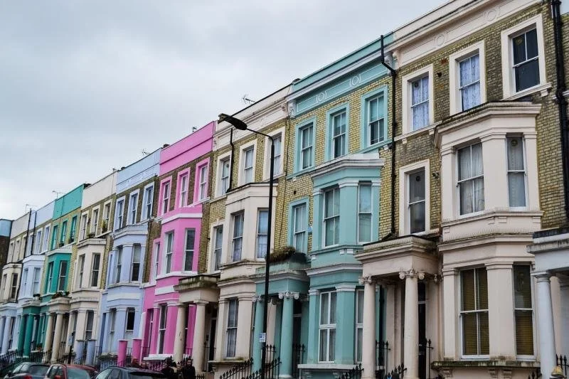 Colourful, narrow buildings in Notting Hill, London.