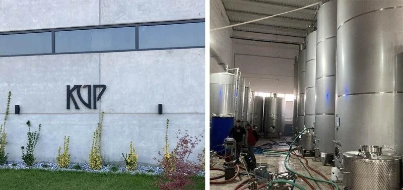 The concrete exterior and tall canisters at Kup White Wines.