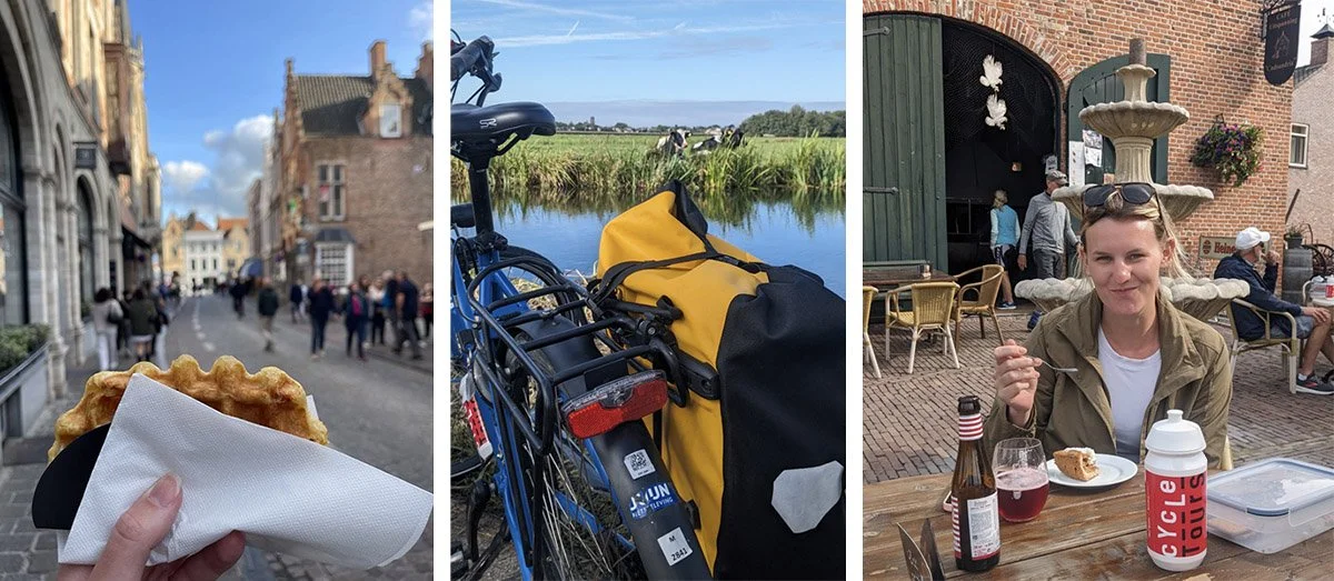 A girl enjoys eating her food next to a photo of a bike by a river with cows.
