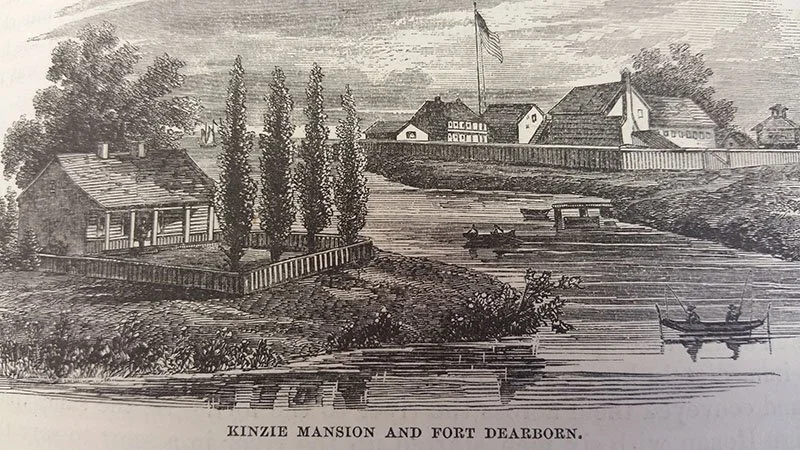 An old painting of Kinzie Mansion and Fort Dearborn.