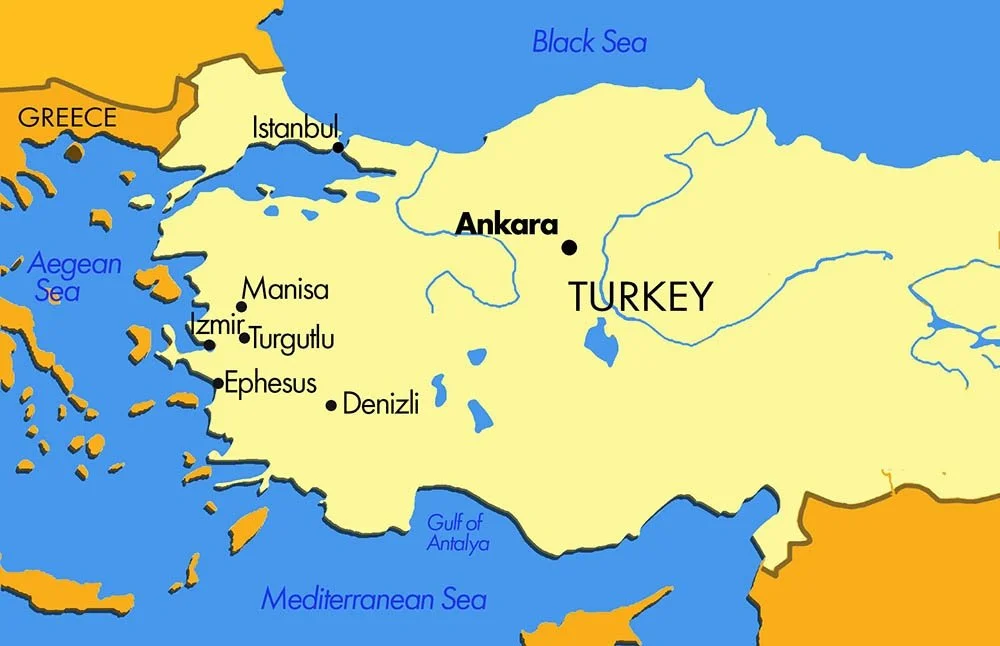 A yellow and blue map of turkiye highlighting Ankara.
