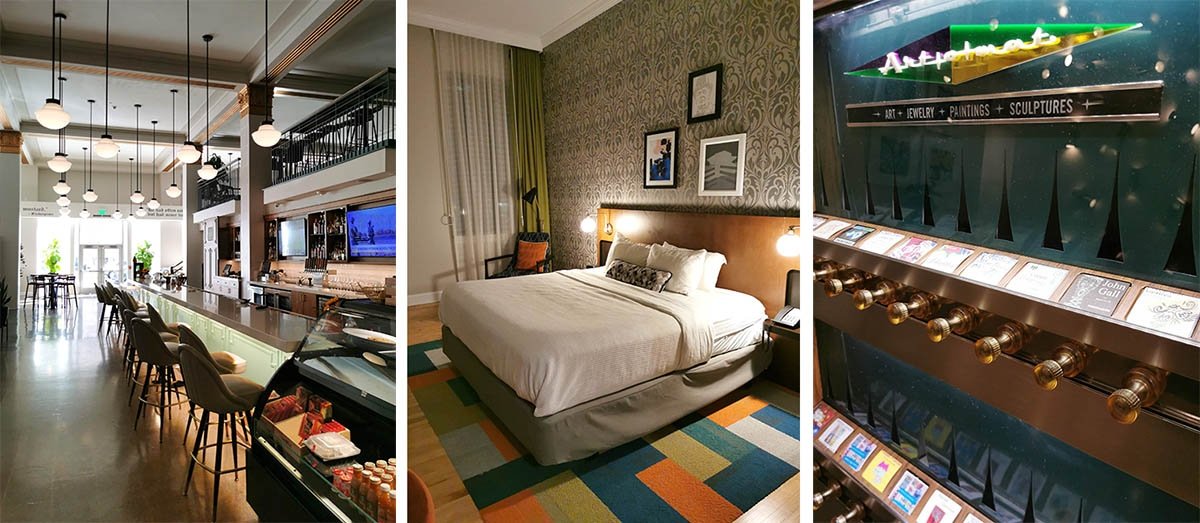 A colorful rug and classy interior of the Hotel Indigo in Winston-Salem.