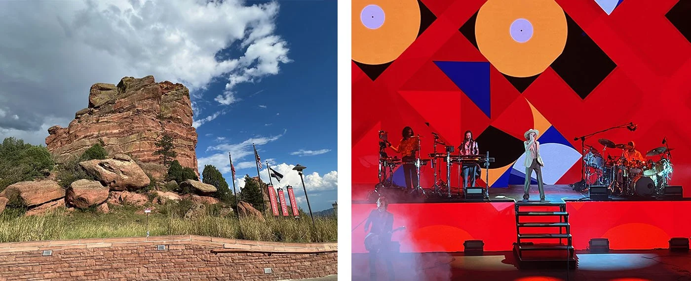 A performer on the stage of Red Rocks Amphitheatre.
