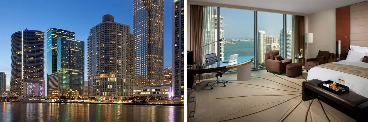 A hotel room at JW Marriott Marquis overlooks the ocean in downtown Miami.