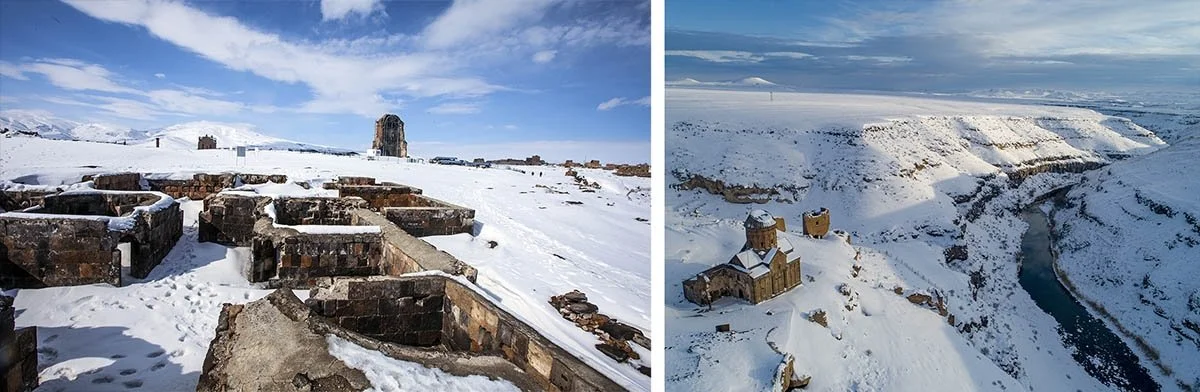 Old hisotorical monuments covered in snow in Kars, Turkiye.
