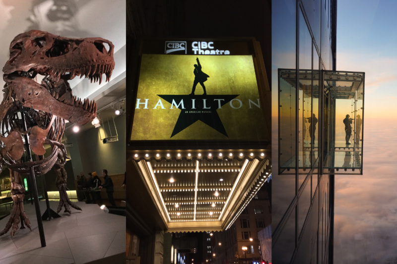 A collage of classic Chicago images from Sue the T-Rex, to Hamilton and Skydeck Chicago.