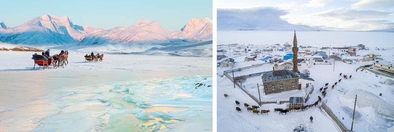 The sun rises over a colourful frozen lake as horses pull sleighs across.